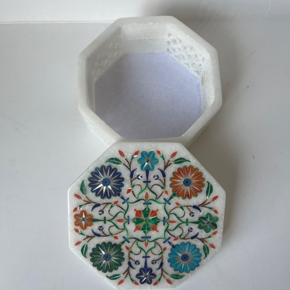 Octagon Marble Inlay Pietra Dura Art Jewelry Handcraft Handmade Box White Floral - Picture 8 of 15